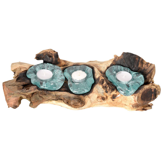 Triple Molten Glass Tea Light Candle Holder - Natural Wood